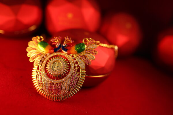Bridal Antique Temple Necklace Set with Kemp Stones – Traditional South Indian Design