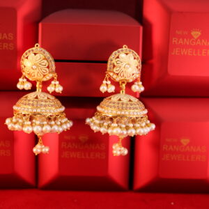 Majestic Pearl-Encrusted Gold Jhumka Earrings – Bridal Edition