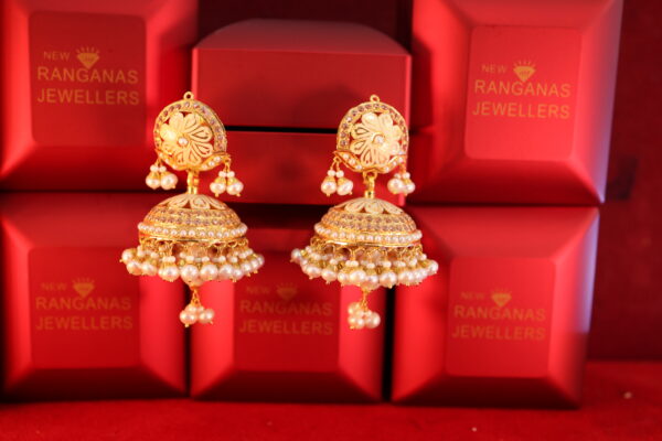 Majestic Pearl-Encrusted Gold Jhumka Earrings – Bridal Edition